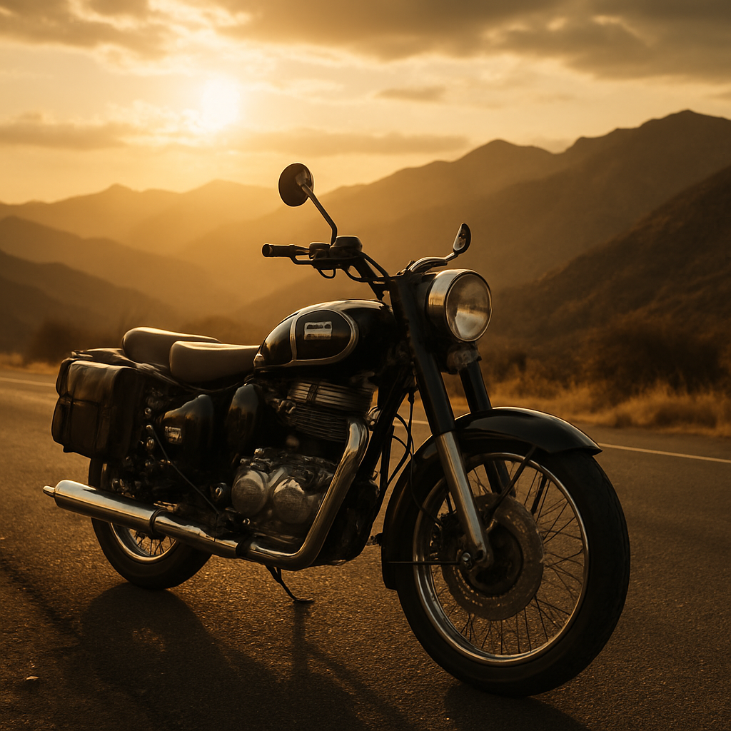 Klasyczny motocykl Royal Enfield na górskiej drodze o zachodzie słońca